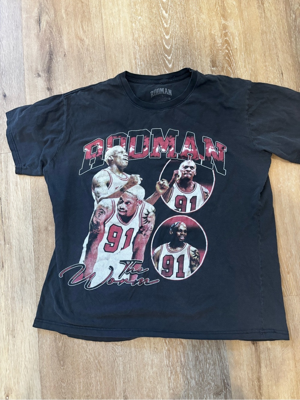 NBA Rodman Black Tee with Red and White Graphics